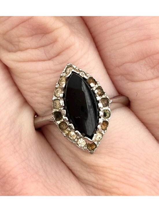 Art Deco Black Onyx & CZ Multi Gemstone Silver Toned Vintage Ring - sz 7 - Picture 1 of 10
